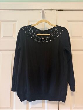 Roz & Ali Black Crewneck Sweater with Embellished Scoop Yoke
